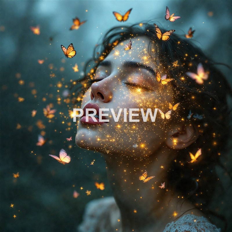 A woman with closed eyes surrounded by glowing butterflies and sparkling golden light effects on her face, creating a dreamy and magical atmosphere.
